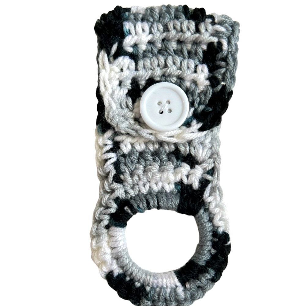 HAND CRAFTED Colorful Crocheted Black & Gray Reusable Button Towel Holder Hanger